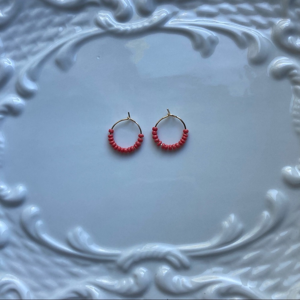 Tiny Gold Hoops With Coral Glass Beads